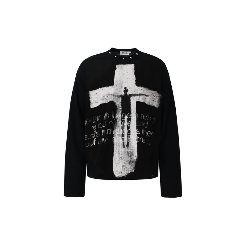 JW387 American retro style unisex high-end cross design printed waffle men's street fashion long-sleeve T-shirt JW387 American retro style unisex high-end cross design printed waffle men's street fashion long-sleeve T-shirt