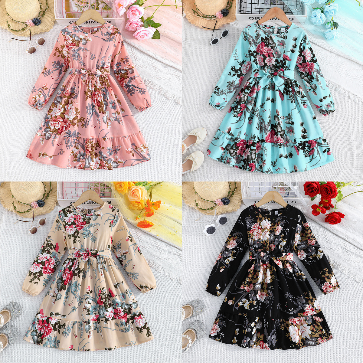 2024 Sommer neues zweiteiliges Set mit Blumendruck für Mädchen und Kinder mit langen Ärmeln und Gürtel_voghion.com