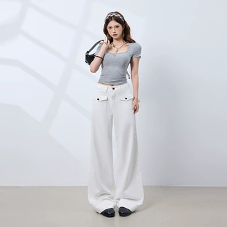 稚橘#翻盖口袋设计阔腿牛仔裤女宽松显瘦遮肉休闲百搭直筒拖地裤