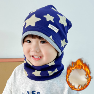 Add velvet set contrast color pile cap scarf 2-piece set winter warm windproof baby cotton double-layer pullover cap