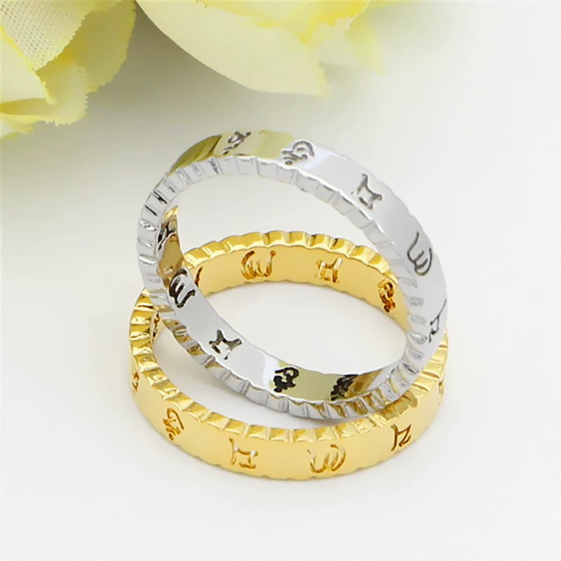 奥维洛 Six-word mantra, steel ornament, hollow ring, Ming mantra, blessing and peace, faith small ring, unisex