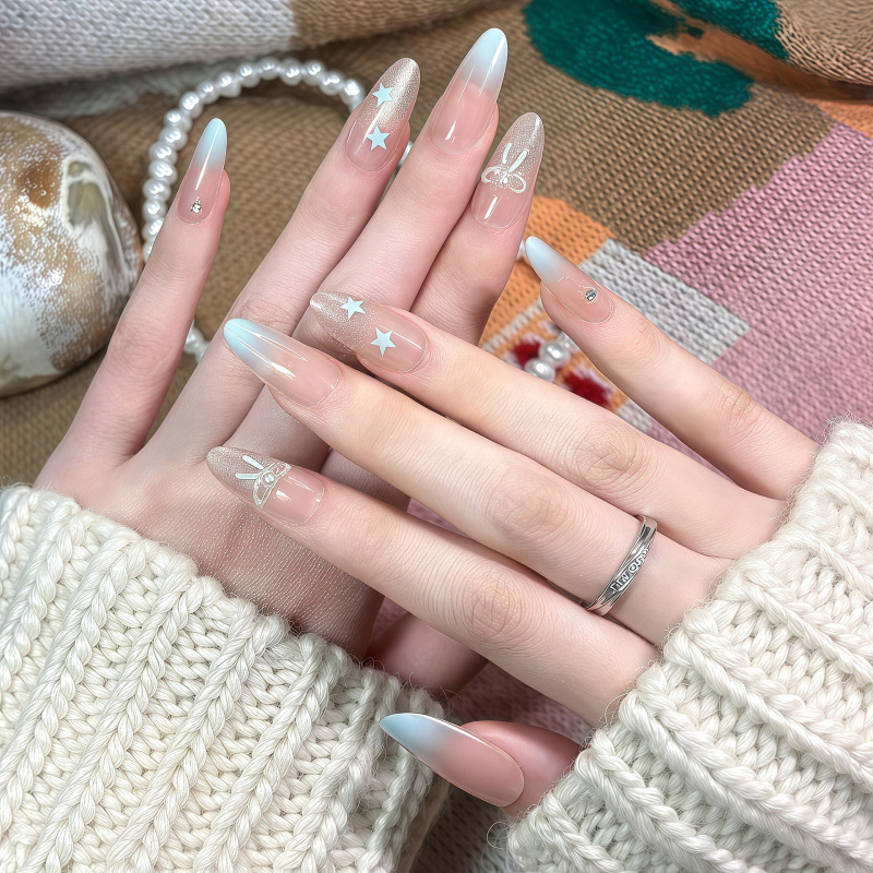 Sea Salt Frappuccino Handmade Milk Blue Advanced Whitening Gradient Bow Cat Eye Patch Star Manicure Wearable Nails