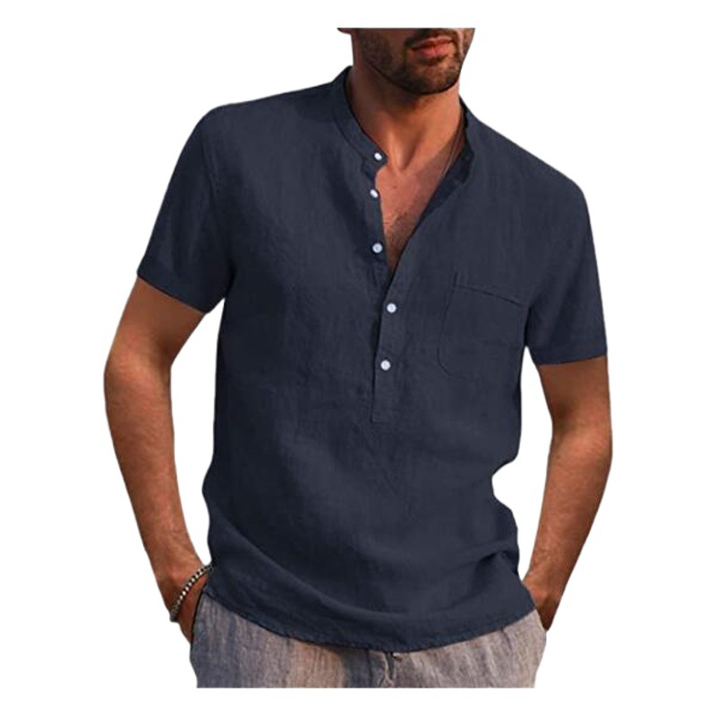 2022 AliExpress deseo Amazon Venta caliente de los hombres de manga corta con cuello en V casual ropa de playa camisa de lino de los hombres