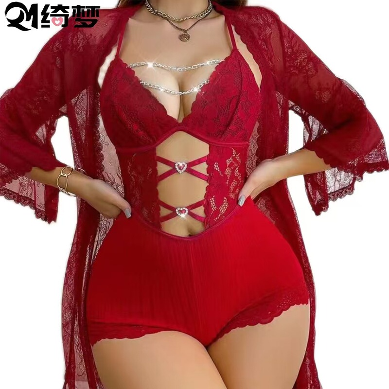 Cross-Border Trade Plus-Size Sexy Lingerie Deep V See-Through Lace Bodysuit Mesh Robe Seductive Cardigan Set for Women