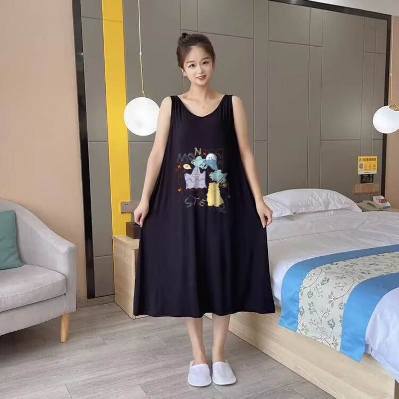 大码夏季宽松休闲无袖背心裙2-300斤胖MM时尚卡通印花睡裙家居服