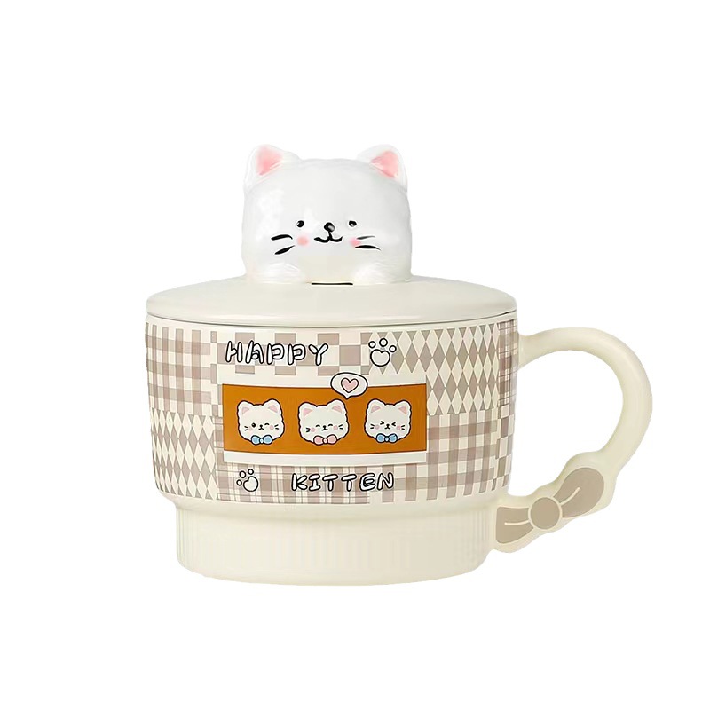 Creativo lindo gato de dibujos animados Taza de cerámica de alto aspecto taza de desayuno con tapa cuchara taza de avena con mano regalo taza de agua