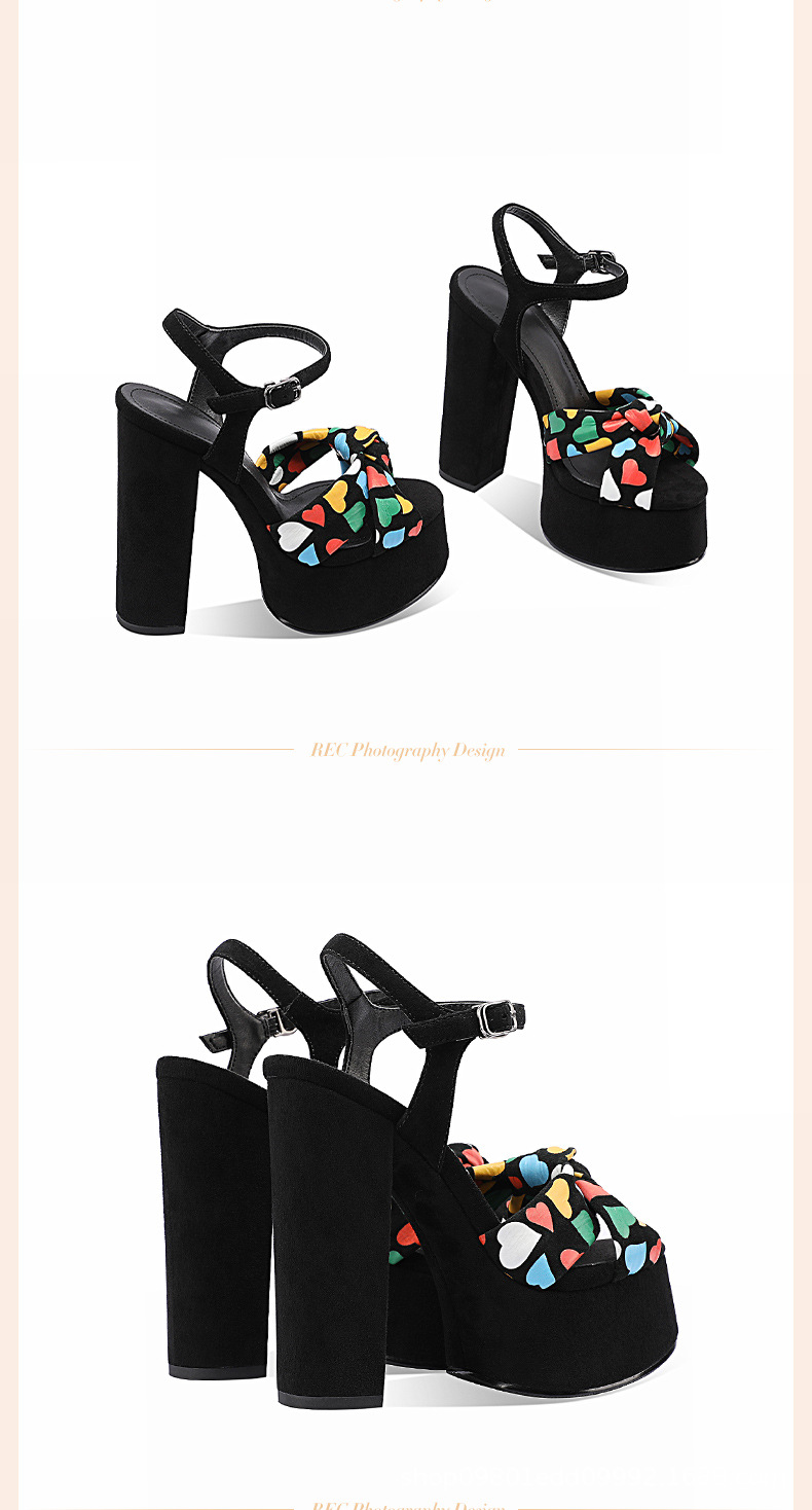 Sandal cao gót nữ quai ngang mũi tròn đế xuồng phối màu gót thô 13 cm — Màu đen chi tiết 3