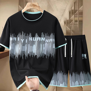 Plus Size Extra Large Size Fat Guy Fake Two-Piece Trendy Round Neck Printed Thin Summer Casual Sports Suit