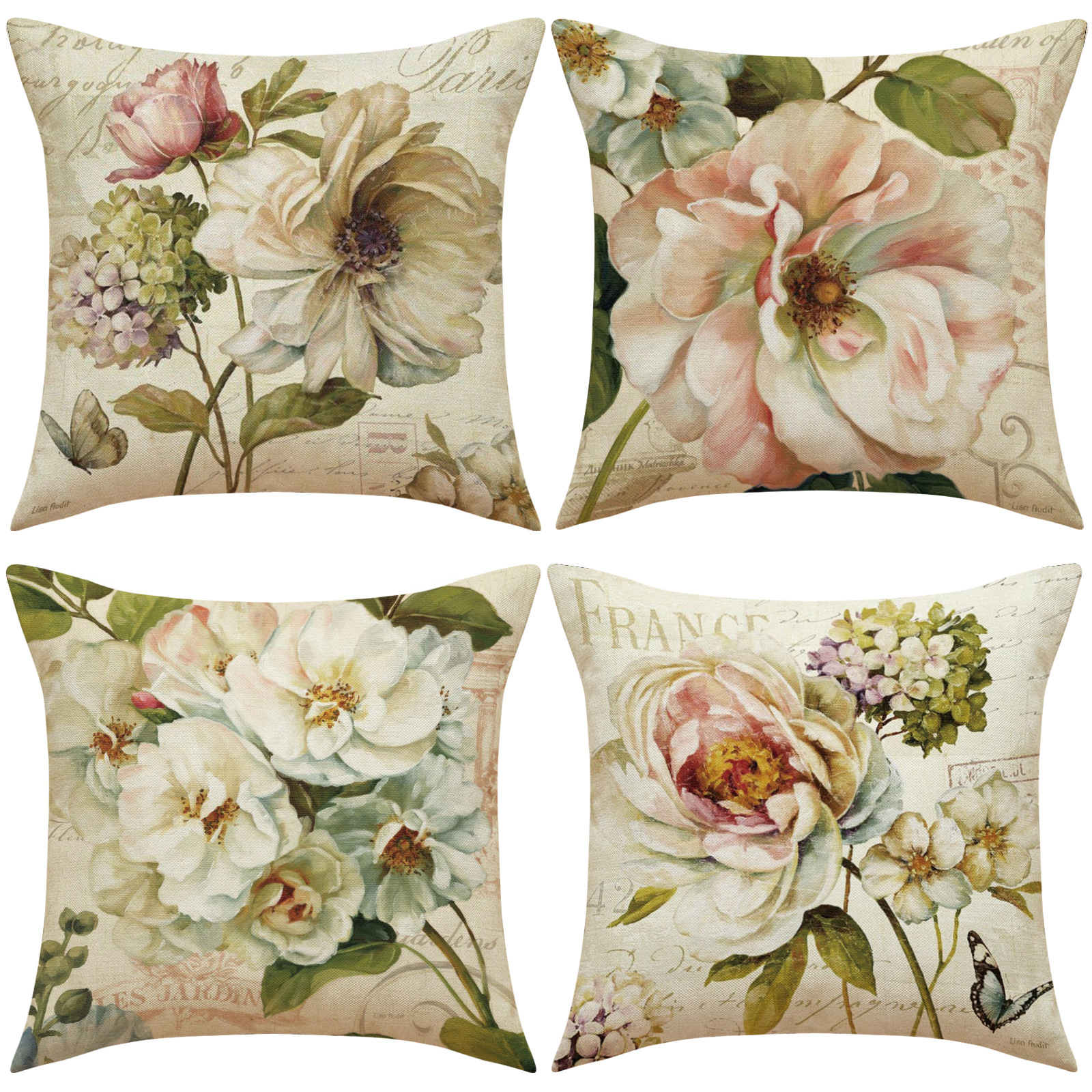 Amazon Retro Spring Flower Decorative Pillow Cover Digital Printed Linen Cushion Cover Car Sofa Home Cushion