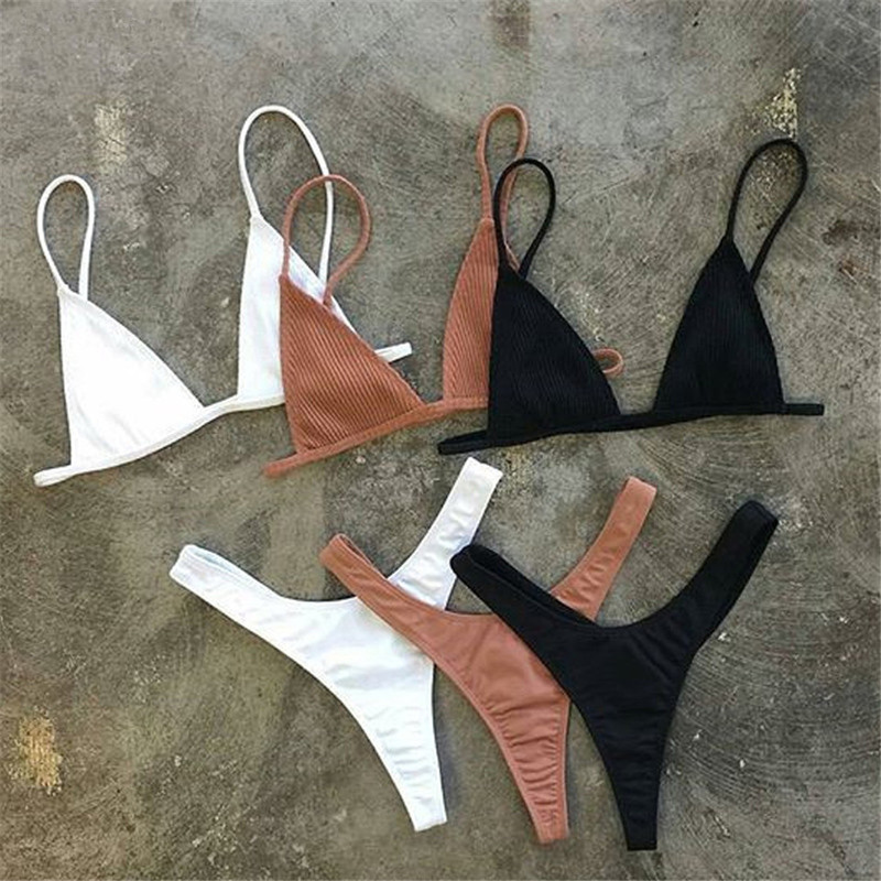 2022 cross-border European and American trade solid color pit strap three-point bikini sexy thong swimsuit swimsuit wholesale