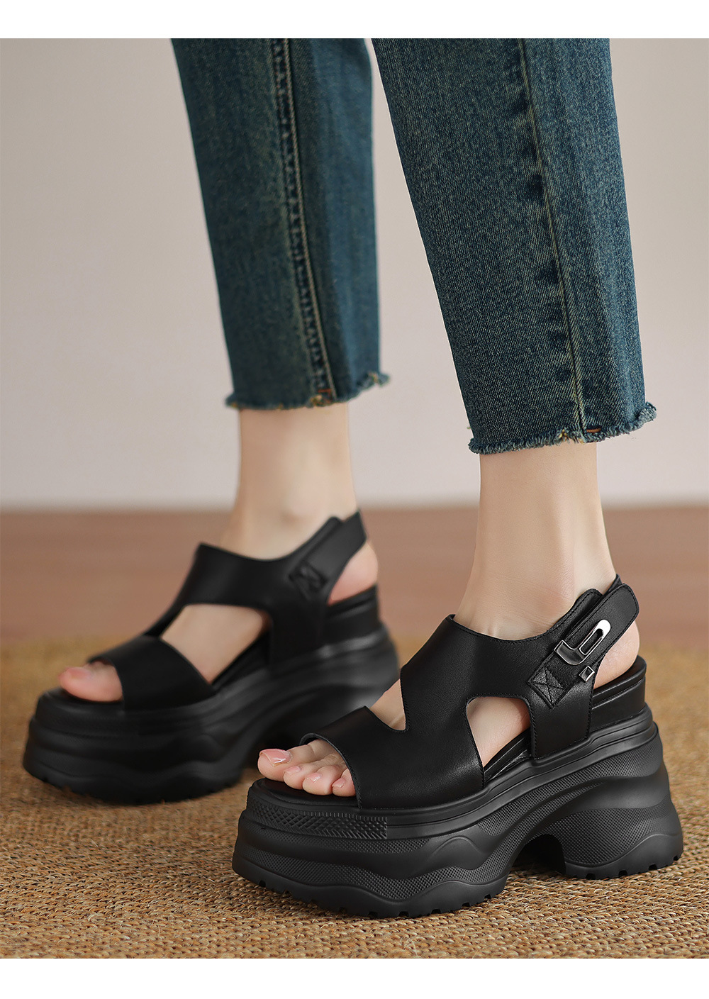 Sandal đế xuồng cao gót nữ phong cách La Mã, đế dày độn cao, gót siêu cao 9 cm — Màu đen, Màu trắng chi tiết 1