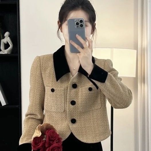 French Style Jacket for Women 2025 Autumn and Winter New Fashion Elegant Slim Design Velvet Splicing Short Top French Style Jacket for Women 2025 Autumn and Winter New Fashion Elegant Slim Design Velvet Splicing Short Top