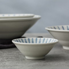 Japanese imported Bizen ware blue vertical line tableware underglaze porcelain bowl and tray, Hikihara household Tenso plate