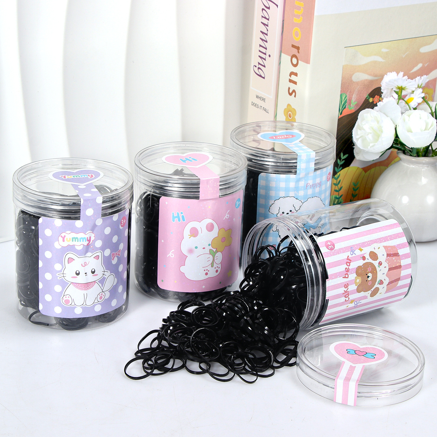 Banda de goma negra para niños, alto valor elástico, duradero, lazo para el cabello, no daña el cabello, anillo para el cabello de goma, accesorios para la cuerda para la cabeza, puesto