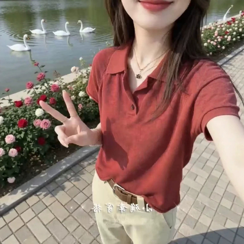 Ph260519 New Da Ai Mei Yi Yuan 2026 Summer New Polo Collar Simple Short Sleeve T-Shirt Versatile Slimming Women's Top