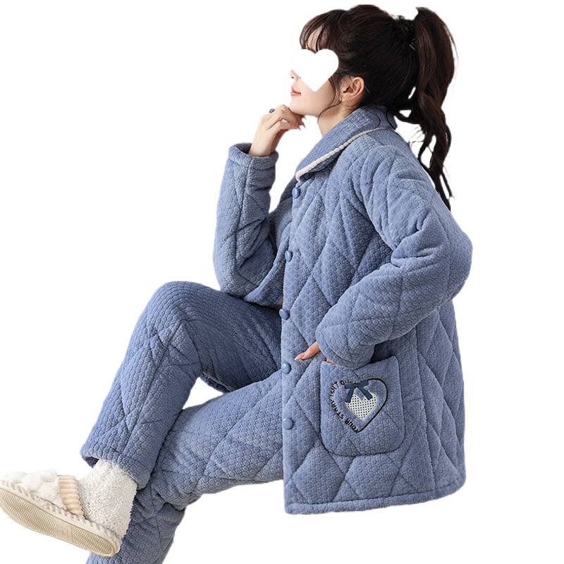 파자마 여성 겨울 3겹 두꺼운 플란넬 파자마 세트 가을 따뜻한 산호 양털 퀼팅 재킷 홈 의류