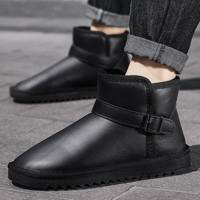 Зимние сапоги, мужские кожаные ботинки, Зимние непромокаемые толстые хлопковые сапоги, нескользящая теплая черная хлопковая обувь для пар, большие размеры