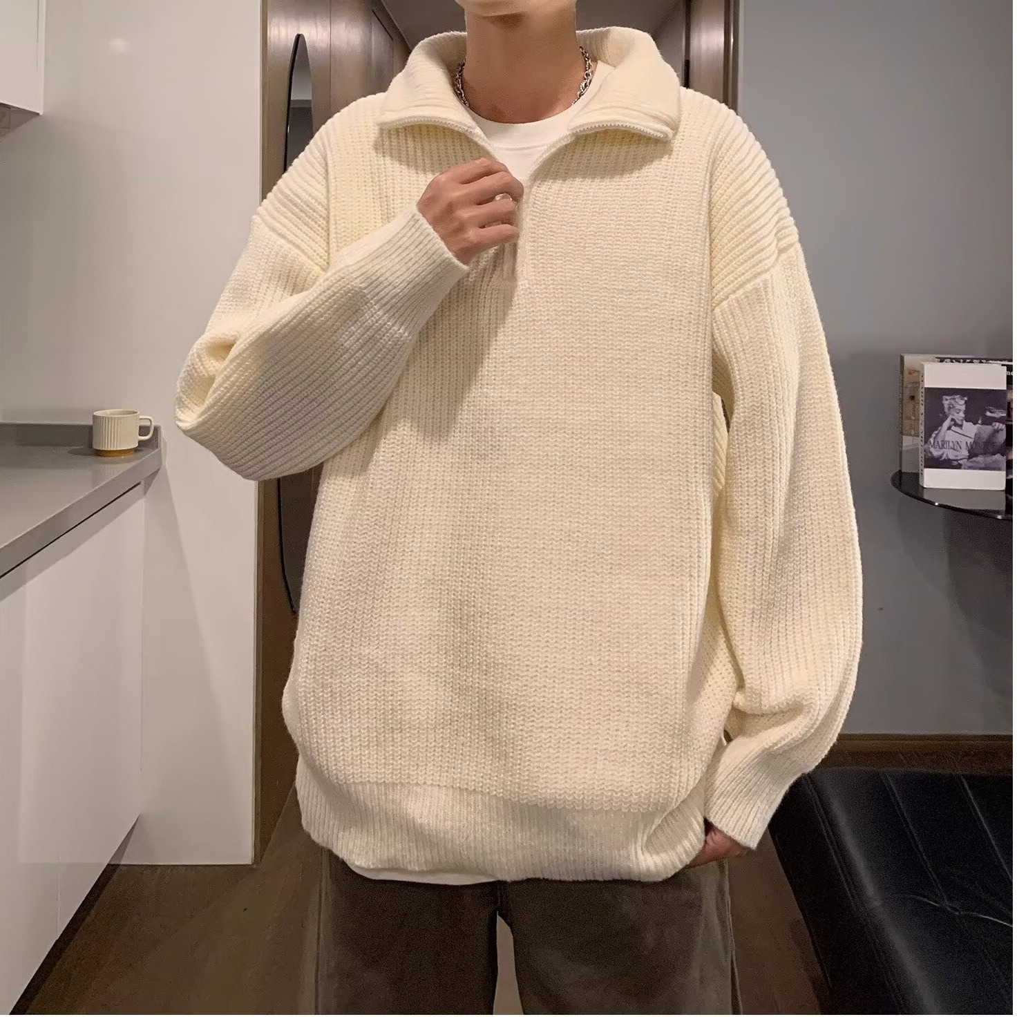 Solid color demi-season brand Japanese knitted sweater with zipper