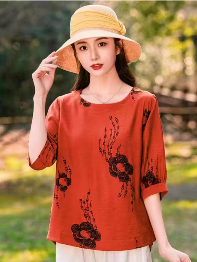 Cross-border nueva camiseta de mujer china impresa de manga media camiseta de mujer de verano camiseta de base de cuello redondo artística ocio image 3