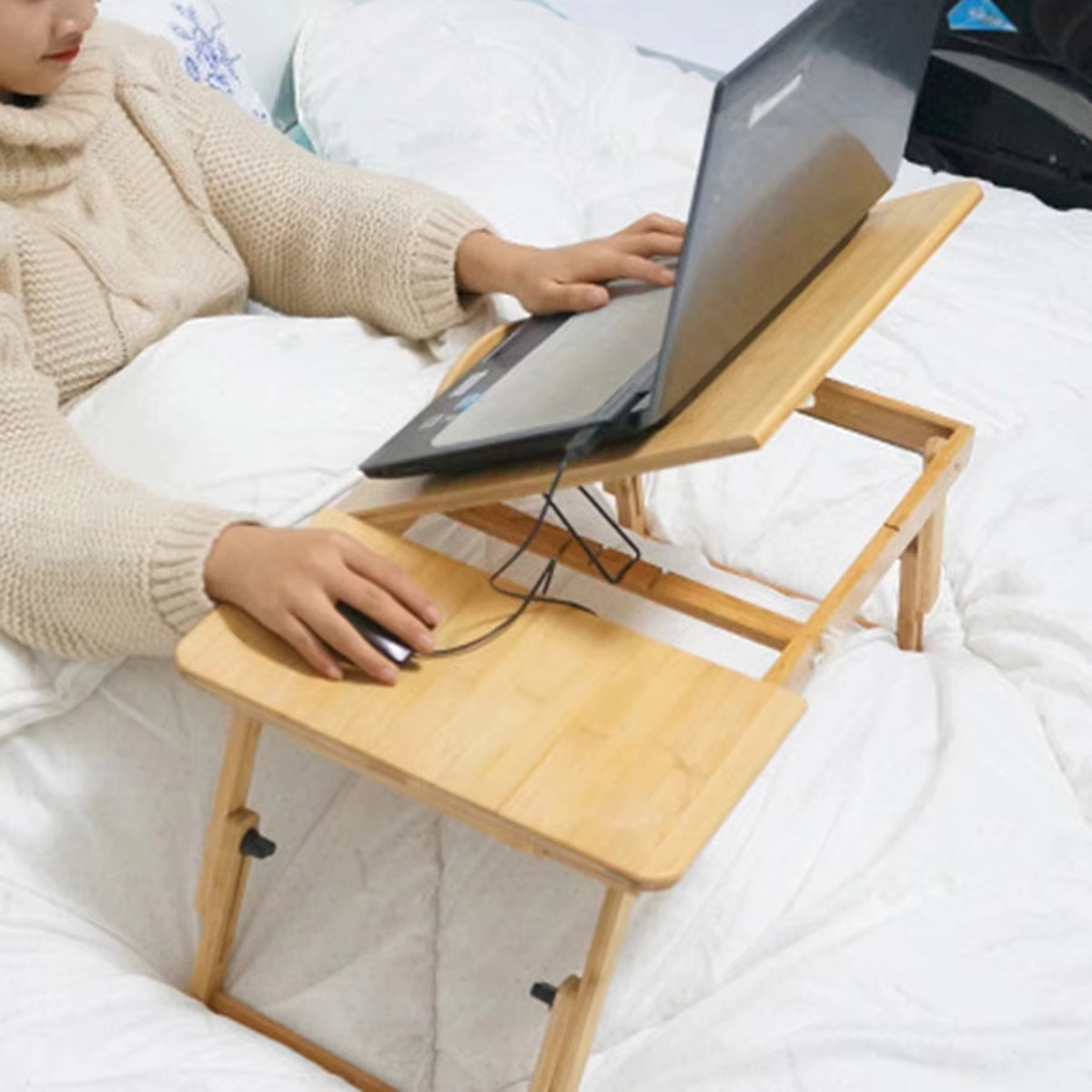 Mesa de computadora portátil plegable multifuncional Lotus ajustable y duradero pequeño cajón de bambú portátil para estudio y oficina
