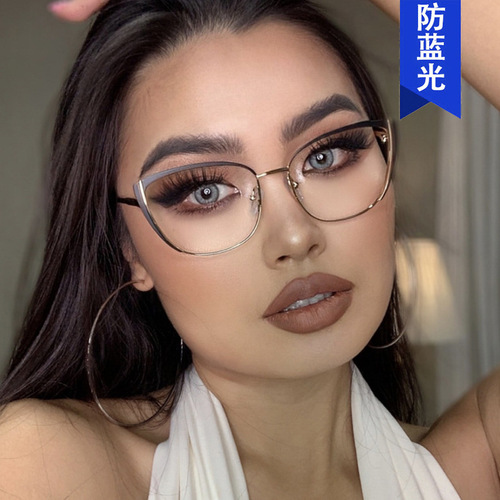 Cross-border European and American ins cat-eye metal glasses frame  new anti-blue light flat mirror painted glasses frame personality