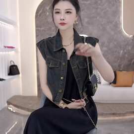 美式复古气质百搭无袖牛仔马甲女2026夏季新款宽松短款短袖秋外套