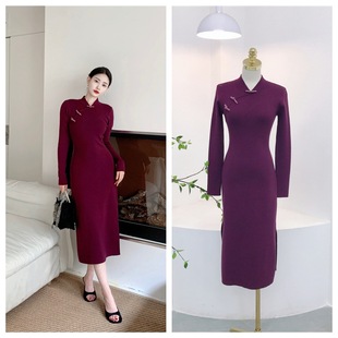 7824 Autumn and Winter Cheongsam Dress Pure Color Half Turtleneck Cheongsam Button Slit Design Knitted Dress with Long Skirt Inside