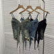 Real-life American Retro Spice Girl Lace-up Tassel Rap Denim Camisole Short Navel Sleeveless Top 2690