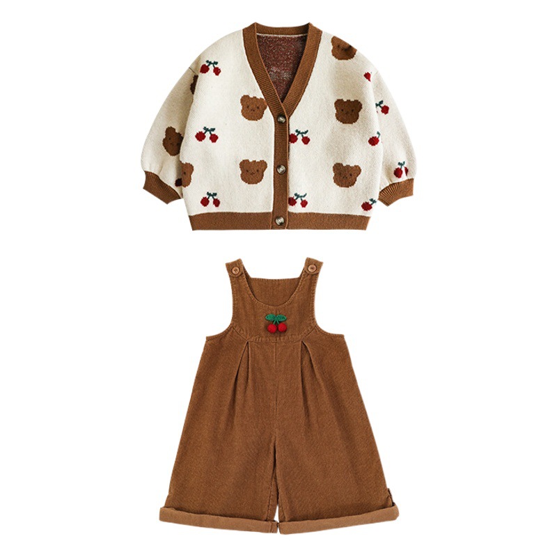 Wulibuyi niñas vintage cardigan de punto traje lindo oso cereza niños otoño suspender Pantalones
