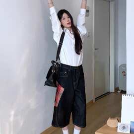 男女夏季格子拼接阔腿牛仔短裤七分裤美式街头休闲2025新款中裤