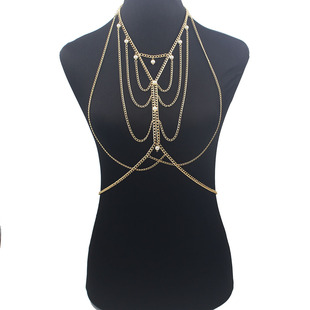 New Design Personality Street Shooting Ladies Sexy Pearl Tassel Multi-layer Chest Chain Fashion Metal Aluminum Chain Body Chain Necklace