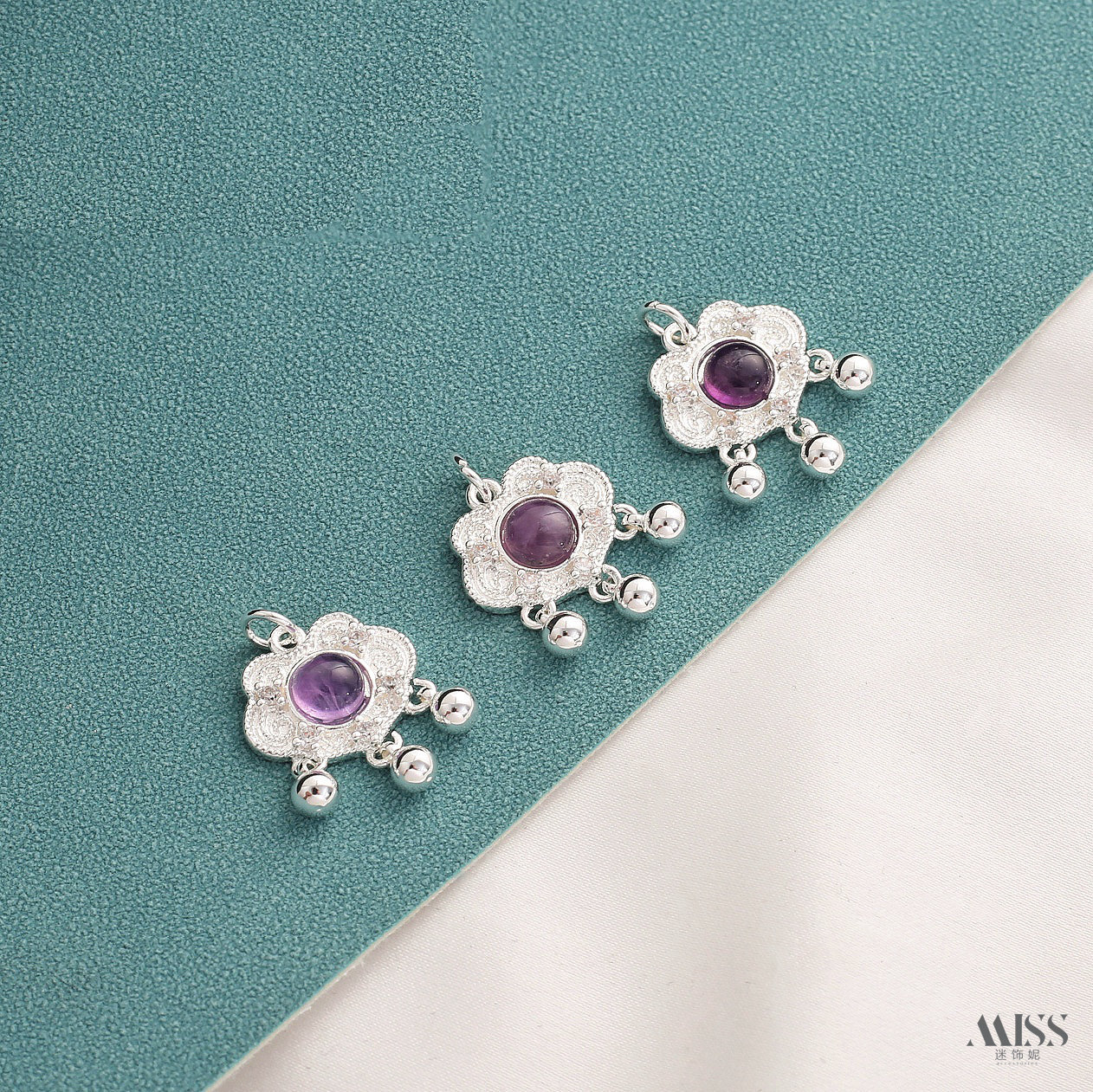 Inlaid with natural amethyst, plated with real gold and thick silver, angel and osmanthus drop-shaped decorative bead pendant DIY jewelry accessories