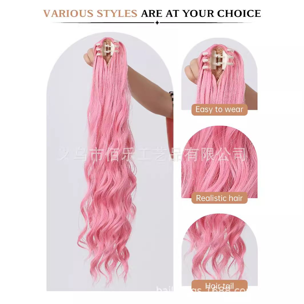 Multi-color opcional clip de agarre de alta cola de caballo larga peluca rizada-transfronteriza venta caliente cola de caballo pelo peluca de fibra química
