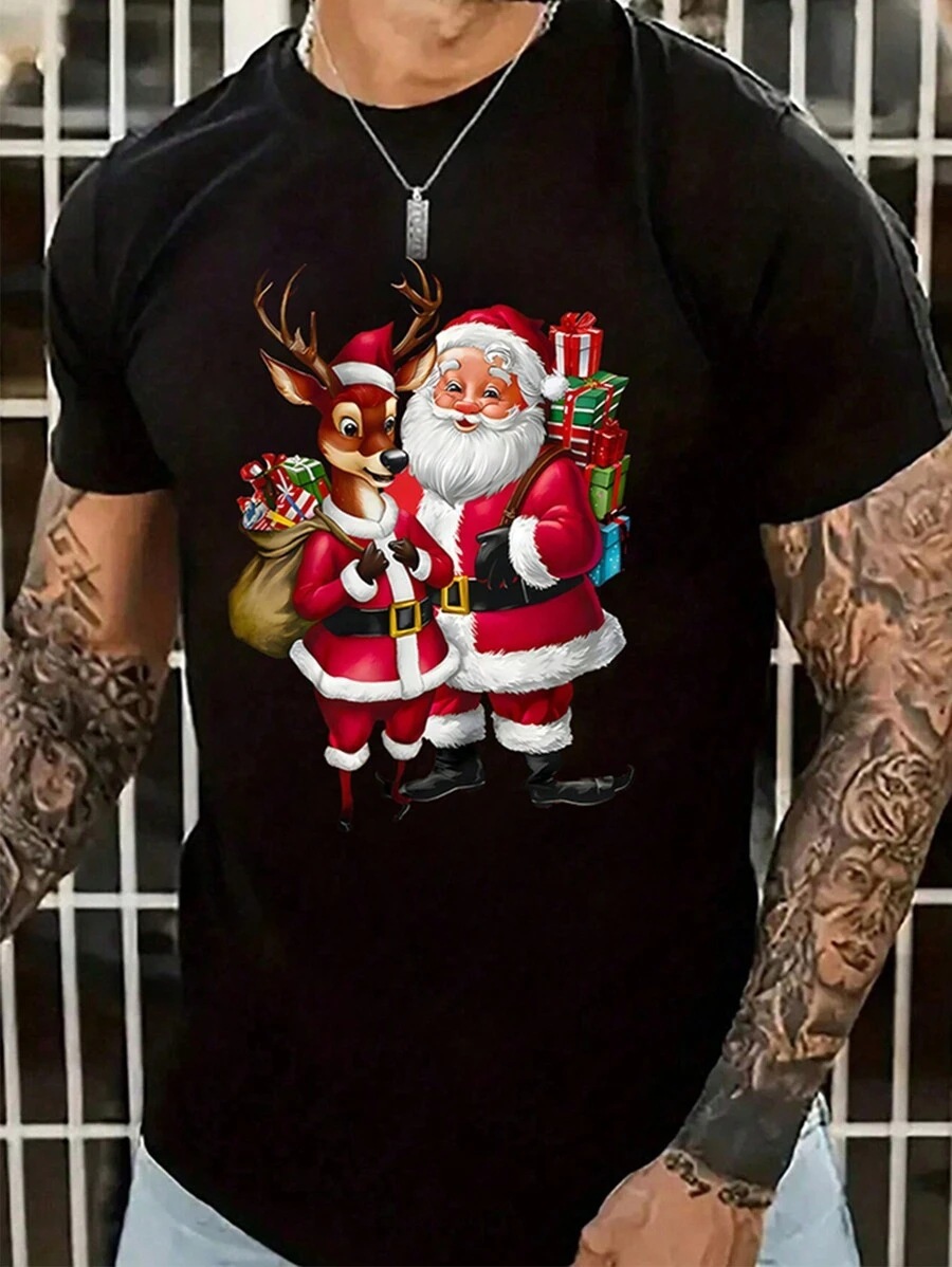 2024 Fun Christmas Series 3D Impresión digital Camiseta de manga corta transpirable de malla suelta de verano para hombre