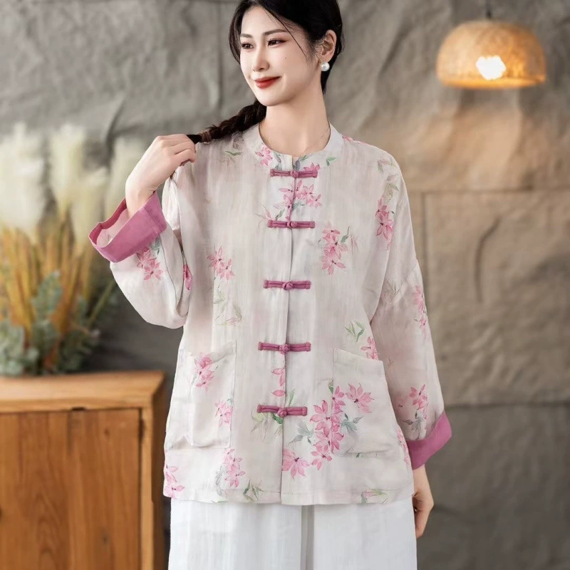 Весенне-осенний кардиган на пуговицах в этническом стиле в стиле ретро, ​​рубашка из рами, женский китайский чайный костюм, топ из хлопка и льна, солнцезащитная рубашка, куртка, летняя