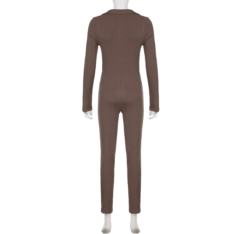 Sports Street Women Clothing Solid Color Polo Collar Pleated Drawstring Lace up Tight Long Sleeve Jumpsuit Skinny Pants