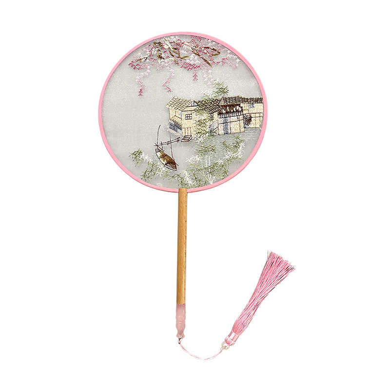 Abanico de grupo bordado Abanico redondo clásico Abanico de palacio Hanfu chino Estilo antiguo Mango largo Borla Cheongsam Ventilador de baile de seda transparente