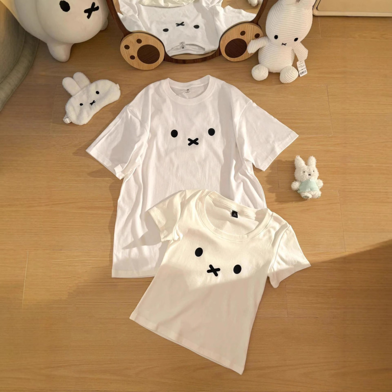 Summer Simple White Girly Lace Trim New 2026 Cute Cartoon Print Short-Sleeve T-Shirt Sweet Top
