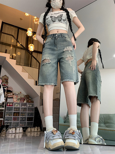 Vintage, torn, five-cent jeans, women's 2025 summer, high waist, large size, loose, slimming straight, wide leg, medium pants