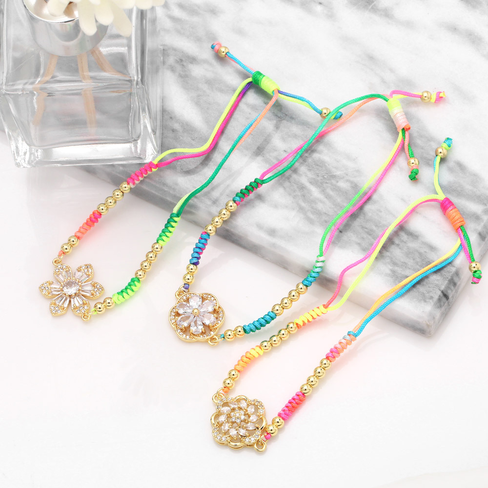 Fashion Colorful Braided Rope Flower Bohemian Ethnic Style Hand Weaving Zircon Copper Bracelet