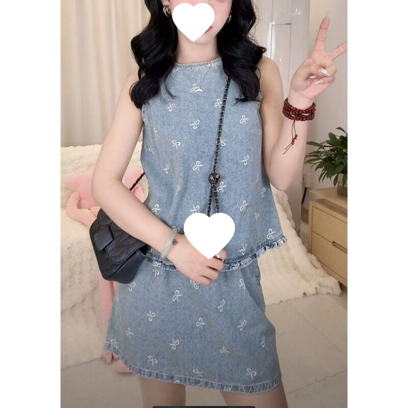 Bow-Tie Denim Suit, New Style Slimming Belly-Covering Vest Top, Elastic High-Waisted Skirt, Short Skirt Two-Piece Set