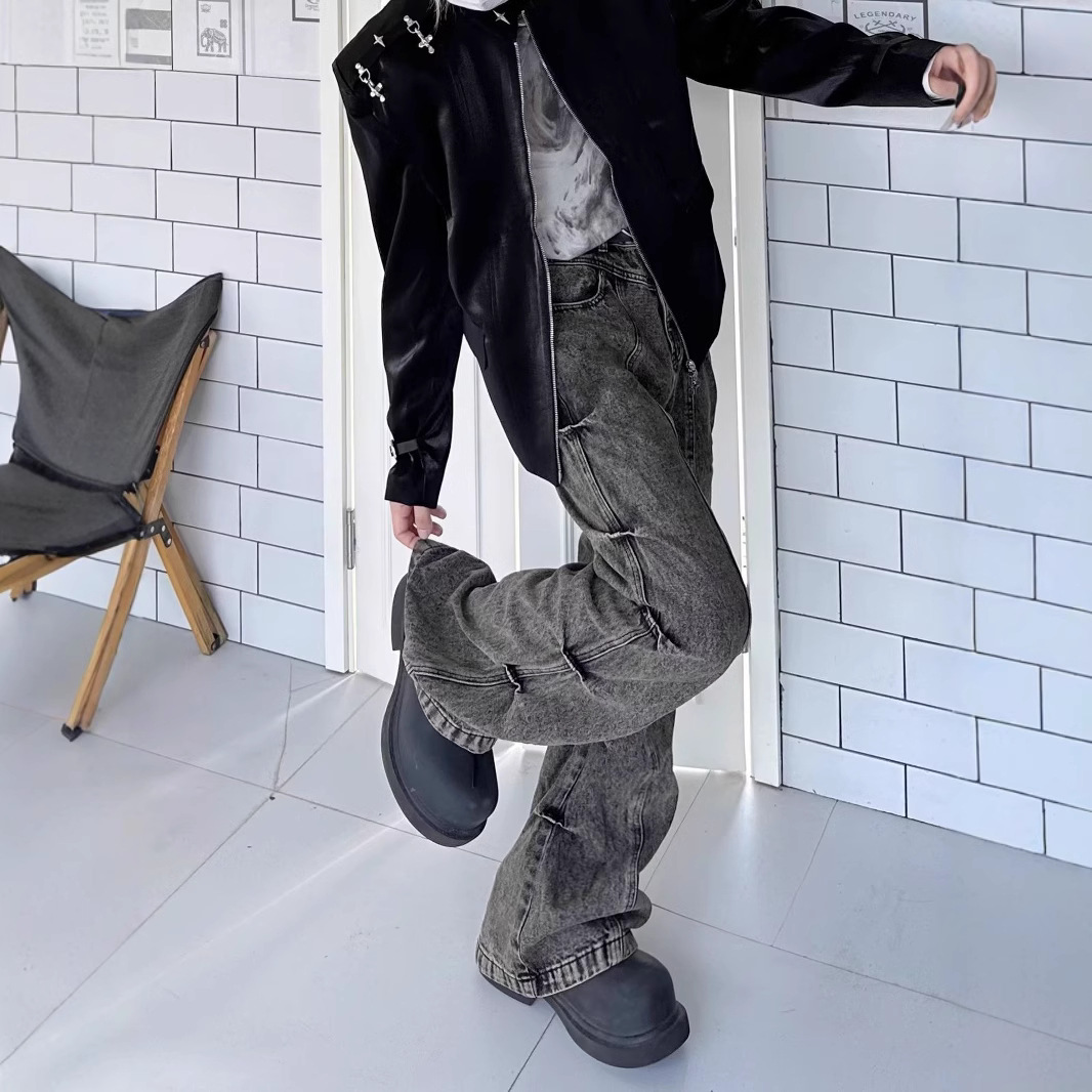 American High Street Vintage Worn-out Earth-tone Washed Pleated Flared Jeans Men's Wide-leg Trendy Long Pants_mkmklike.com