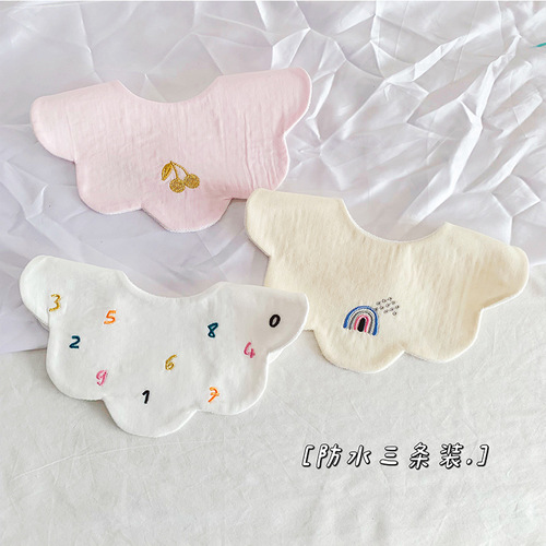 ins spring and autumn new baby embroidered bib thickened waterproof baby gauze saliva napkin sweet flower shape