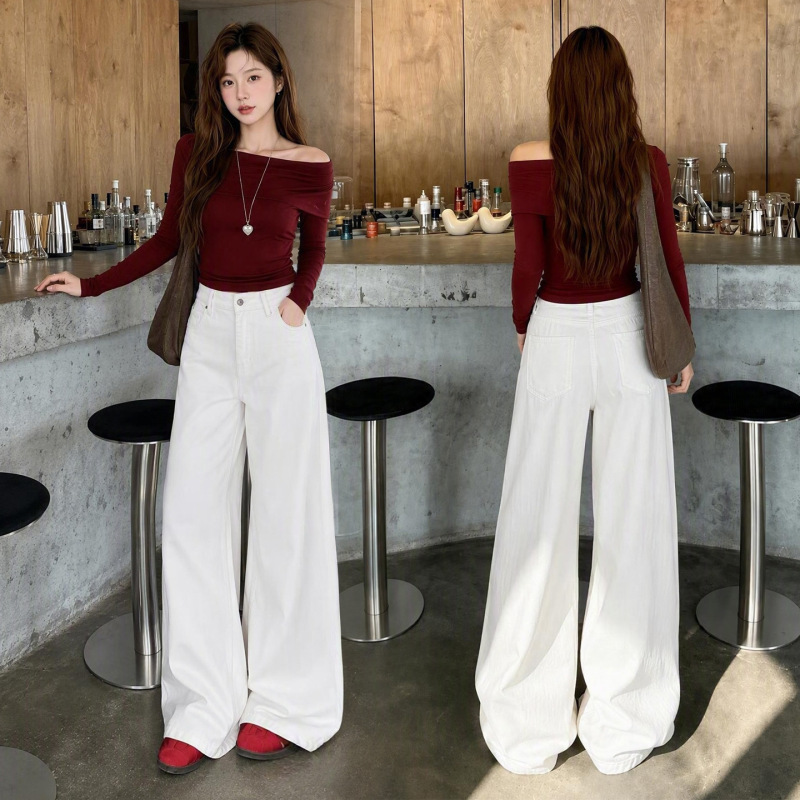 Oil-resistant white early autumn comfortable jeans for women, classic simple Korean style, slimming, drapey, versatile wide-leg pants