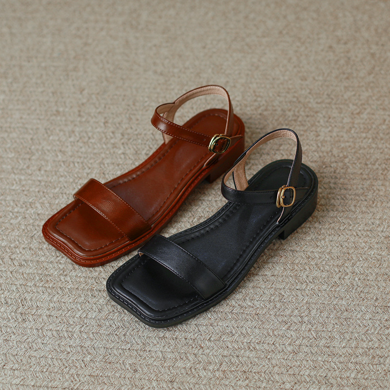 Sandal hở mũi nữ gót thấp quai ngang phong cách học đường — Màu nâu chi tiết 15