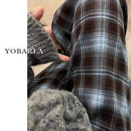 蓝色格子裤女秋冬新款宽松垂感显瘦休闲百搭复古直筒阔腿拖地裤潮