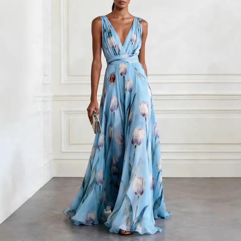2026 European and American Cross-Border Blue Tulip Print Dress, Elegant and Flowy Sleeveless Deep V Chiffon Dress for Banquets