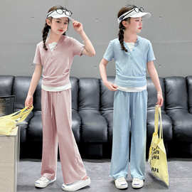 女童夏季套装假两件薄款中大童2025新款洋气时髦儿童夏装两件套潮