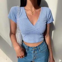 美式复古风碎花交叉v领修身短款露脐短袖T恤女上衣2025夏季新款潮