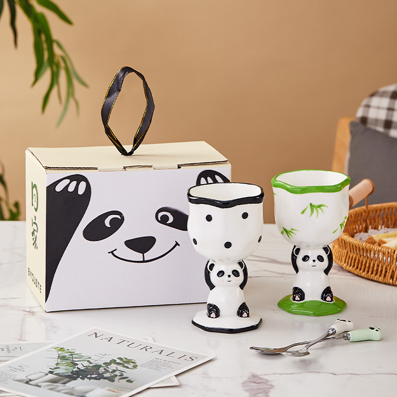 熊貓可愛生日禮物手繪高腳杯雪糕創意飲料甜品杯蛋糕陶瓷杯酒杯